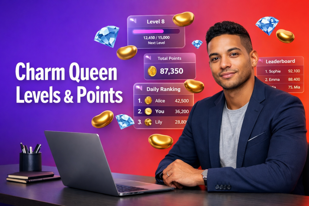 Featured image showing a focused entrepreneur reviewing Chamet Charm Queen rewards with floating 3D ranking dashboards, level progress, and points indicators alongside golden bean and sky-blue diamond icons for a chamet agency.