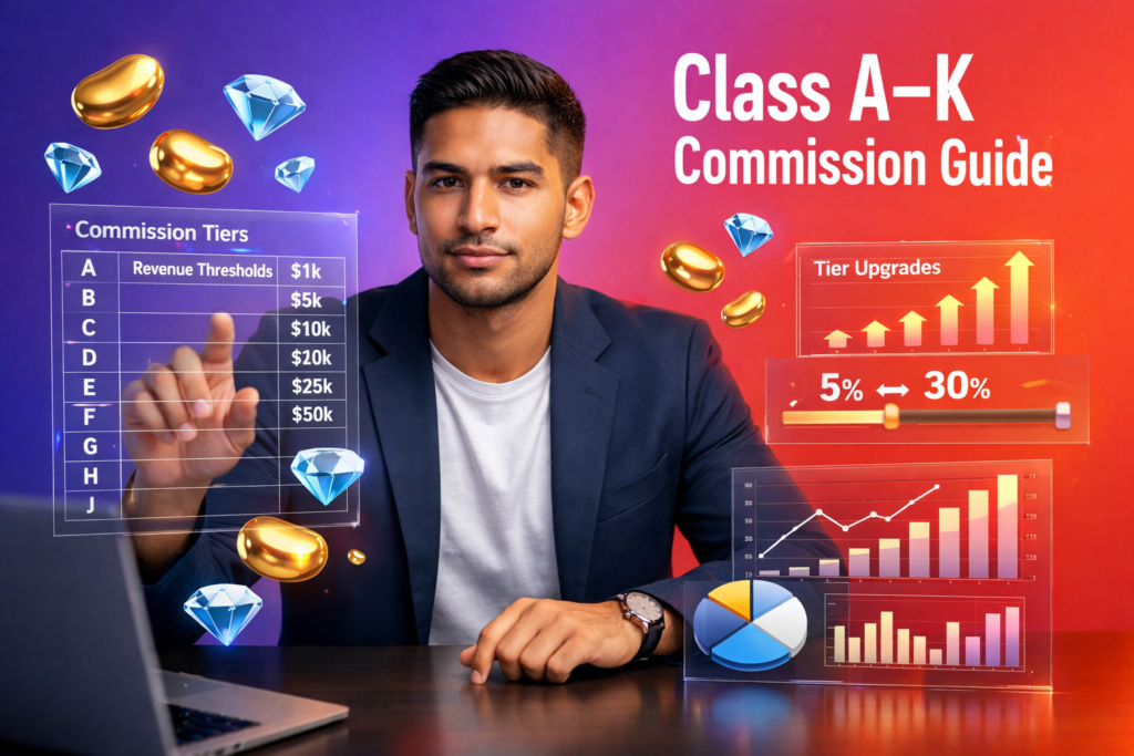Featured image showing a focused entrepreneur analyzing Chamet agent commission Class A to K tiers with a holographic A–K commission table, revenue thresholds, and 5%–30% ratio UI, plus golden bean and sky-blue diamond icons for chamet agency.