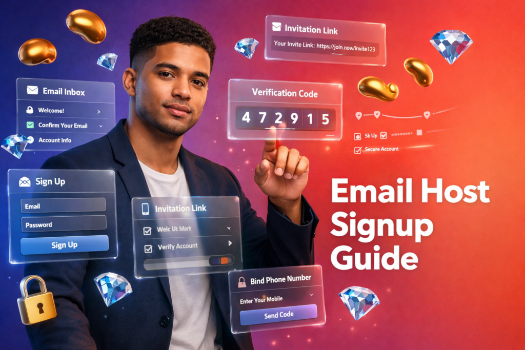 Tech guide featured image showing a focused young entrepreneur interacting with email-based signup UI, invitation link and phone binding panels, with gold bean and sky-blue diamond icons for chamet agency.