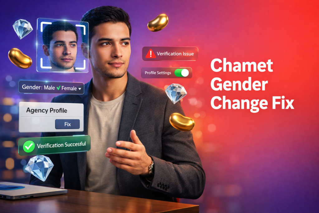 Focused entrepreneur in a modern workspace reviewing 3D UI elements for face verification, profile settings, and system detection while fixing gender change issues for a chamet agency.