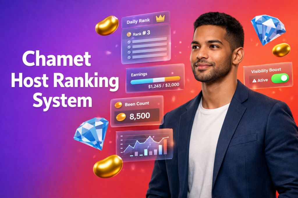 Featured image illustrating the Chamet host ranking system with a young entrepreneur analyzing a daily earnings and bean leaderboard interface with floating gold beans and blue diamonds for chamet agency.