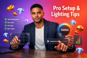 Featured image showing a focused young entrepreneur in a modern workspace adjusting streaming lighting and background UI settings with floating golden bean and sky-blue diamond icons for Chamet host background requirements; includes chamet agency once.