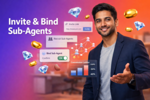 Featured image for Chamet sub-agent invitation link showing a welcoming entrepreneur in a modern workspace with invite-link and binding UI elements, golden bean and sky-blue diamond icons, representing chamet agency recruitment and network growth.