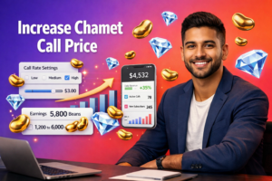 Featured image of a confident young entrepreneur in a modern workspace adjusting Chamet call rate settings with floating 3D UI, golden bean and sky-blue diamond icons, illustrating increasing Chamet video call price to grow earnings with a chamet agency.
