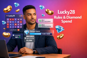 Featured image showing a focused young entrepreneur reviewing Chamet Lucky28 game rules with floating 3D dashboards, golden bean and sky-blue diamond icons, for a chamet agency diamond spend guide.
