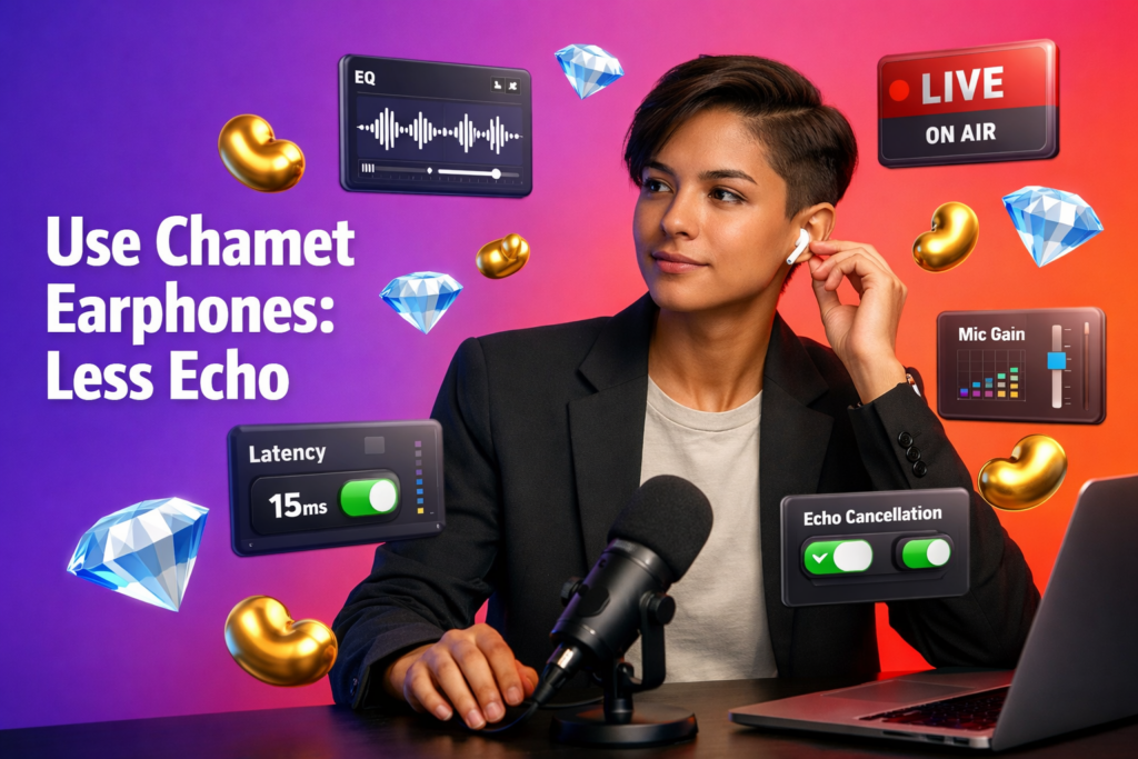 Focused entrepreneur using Chamet earphones with audio UI overlays to reduce echo during live streaming for chamet agency hosts.
