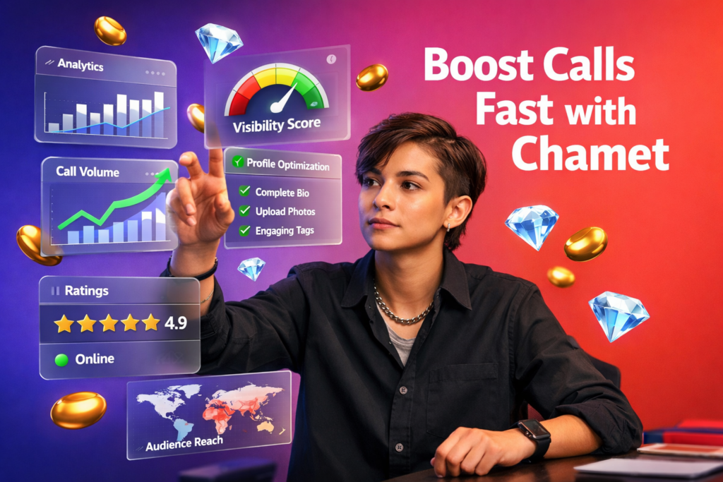 Professional featured image showing a focused entrepreneur analyzing 3D dashboards for the Chamet algorithm for host visibility, with golden bean and sky-blue diamond icons, optimized for guides and growth; includes chamet agency once.