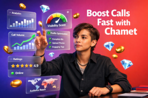Professional featured image showing a focused entrepreneur analyzing 3D dashboards for the Chamet algorithm for host visibility, with golden bean and sky-blue diamond icons, optimized for guides and growth; includes chamet agency once.