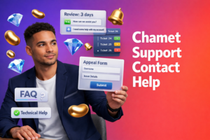 Featured image of a focused entrepreneur in a modern workspace with floating support UI elements, review timeline, and gold beans and sky-blue diamonds for chamet agency support contact and technical help.