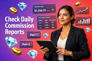 Featured image of a focused entrepreneur reviewing Chamet daily commission reports with floating analytics dashboards, golden bean and blue diamond icons in a modern workspace for a chamet agency.