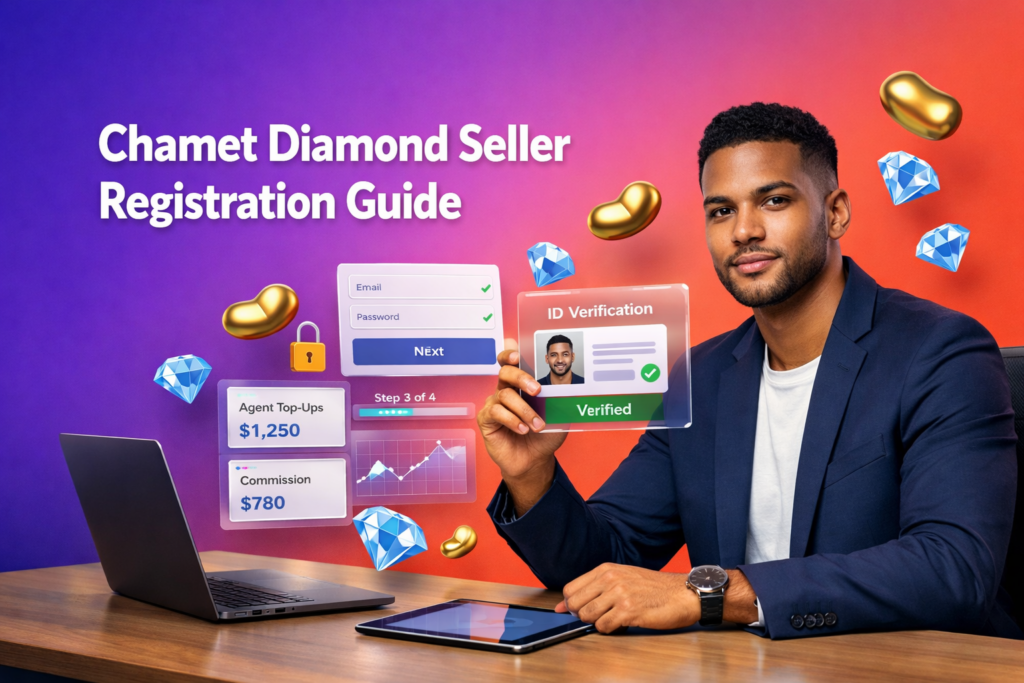 Featured image showing a focused young entrepreneur in a modern workspace reviewing registration steps and commission dashboard UI with floating golden bean and sky-blue diamond icons for Chamet diamond seller registration and chamet agency setup.