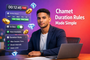 Featured image showing a focused young entrepreneur with floating 3D UI timers, schedule blocks, and in-box status indicators explaining Chamet live streaming duration rules for chamet agency hosts.