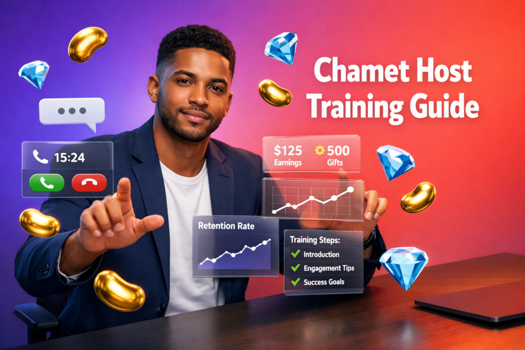 Featured image for a Chamet host training guide showing a focused entrepreneur in a modern workspace with 3D chat, gifts, calls, and retention dashboards plus bean and diamond icons for chamet agency.