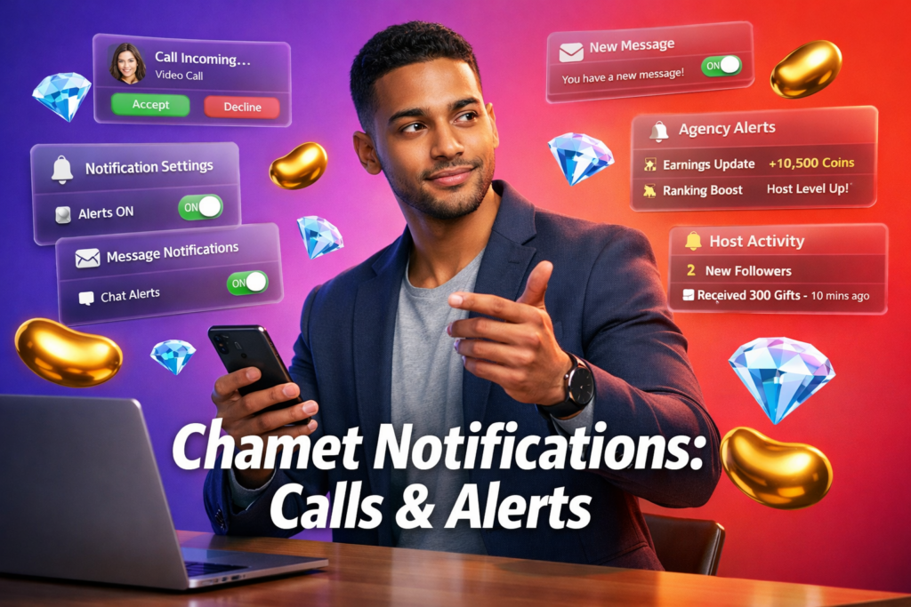 Featured image of a focused young entrepreneur adjusting Chamet app notifications settings for call alerts, messages, and agency dashboard updates for a chamet agency.