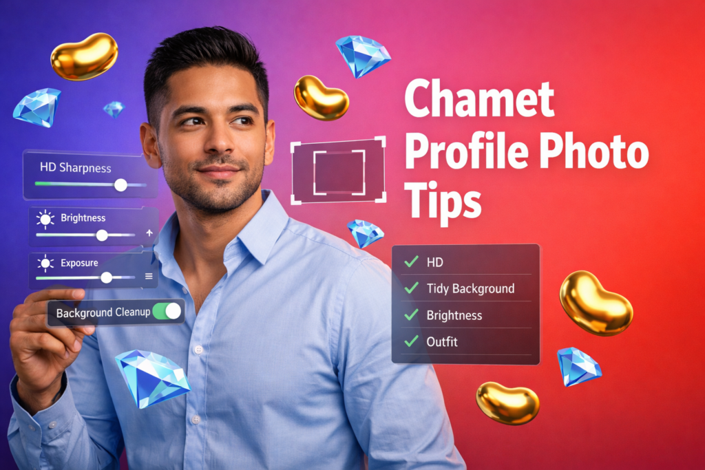 High-definition and bright chamet host profile photo tips with clean background guidance for a chamet agency registration and commission focus.