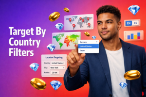 Featured image showing a focused entrepreneur using Chamet app regional filters with country and language targeting UI elements plus gold bean and sky-blue diamond icons for chamet agency growth.