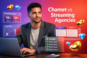 Featured image comparing Chamet vs other streaming agencies with charts for fees, commission rates, and user base analysis, highlighting how a chamet agency can choose the best platform.