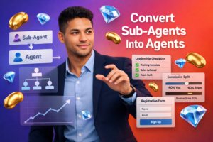 Tech-style featured image of a focused young entrepreneur reviewing a team conversion dashboard with UI elements for promoting sub-agents into agents, leadership structure, and revenue sharing for a chamet agency.
