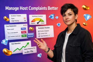 A focused entrepreneur reviews complaint tickets and retention analytics with floating 3D UI panels, gold bean and sky-blue diamond icons, for managing Chamet host complaints in a chamet agency.