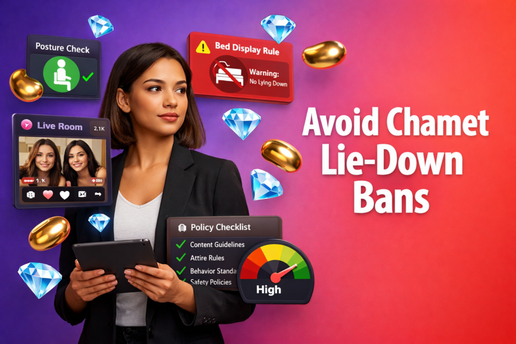 Tech guide image showing a focused entrepreneur with live-streaming compliance UI elements about posture and bed-display rules, plus beans and diamonds, for chamet agency.