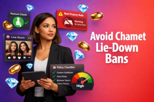 Tech guide image showing a focused entrepreneur with live-streaming compliance UI elements about posture and bed-display rules, plus beans and diamonds, for chamet agency.