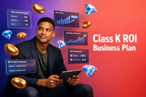 Tech-style featured image of a young entrepreneur analyzing ROI dashboards, recruitment metrics, and growth strategy for a chamet agency business plan with floating gold bean and sky-blue diamond icons on a purple-to-red gradient background.