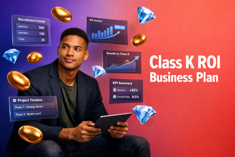 Tech-style featured image of a young entrepreneur analyzing ROI dashboards, recruitment metrics, and growth strategy for a chamet agency business plan with floating gold bean and sky-blue diamond icons on a purple-to-red gradient background.