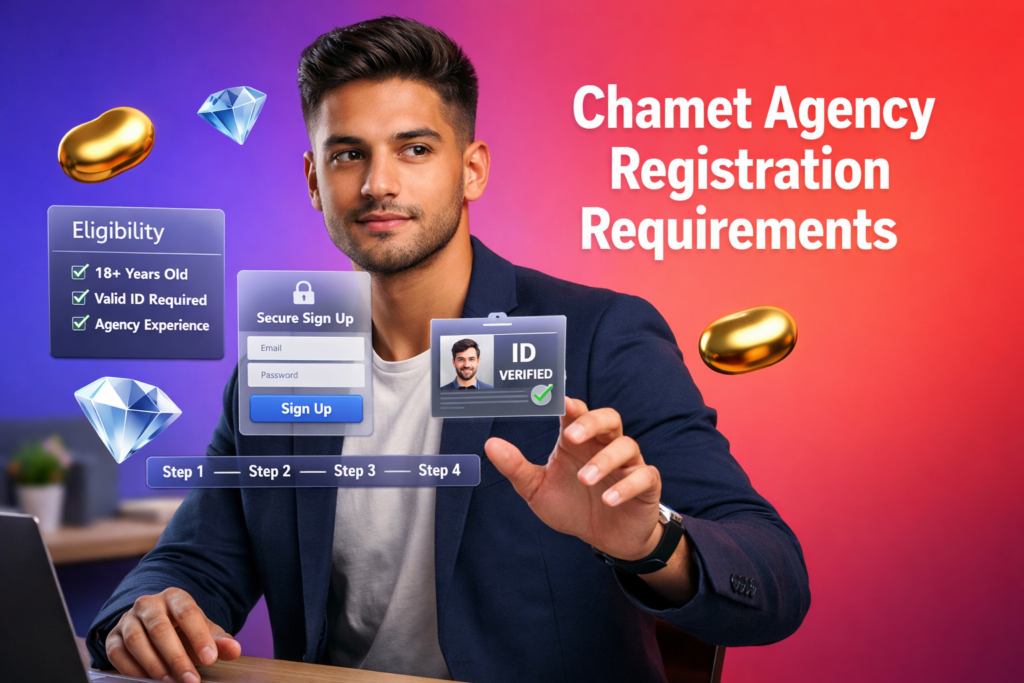 Focused entrepreneur reviewing eligibility checklist and signup form UI elements for chamet agency registration requirements, with floating golden beans and sky-blue diamond icons on a vibrant gradient background.