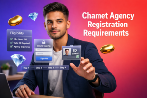 Focused entrepreneur reviewing eligibility checklist and signup form UI elements for chamet agency registration requirements, with floating golden beans and sky-blue diamond icons on a vibrant gradient background.