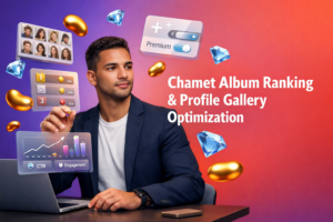 Featured image of a focused entrepreneur optimizing a profile photo gallery with ranking and engagement analytics, surrounded by golden bean and sky-blue diamond icons to improve Chamet album ranking for chamet agency growth.