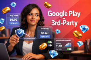 Professional tech comparison image showing Chamet diamond recharge options with a focused entrepreneur reviewing Google Play versus third-party top-up panels, floating golden bean and sky-blue diamond icons, and a neutral commission dashboard for chamet agency.