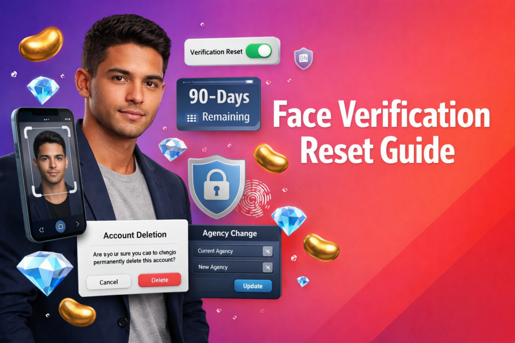 Tech guide featured image showing a focused young entrepreneur with floating UI panels for face verification reset, 90-day rule, account deletion, and new registration, plus golden bean and sky-blue diamond icons for chamet agency.