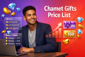Featured image showing a confident entrepreneur in a modern workspace with floating 3D UI elements for the Chamet virtual gifts price list, including golden bean icons, sky-blue diamond icons, pricing tiers, and earnings charts for a chamet agency.