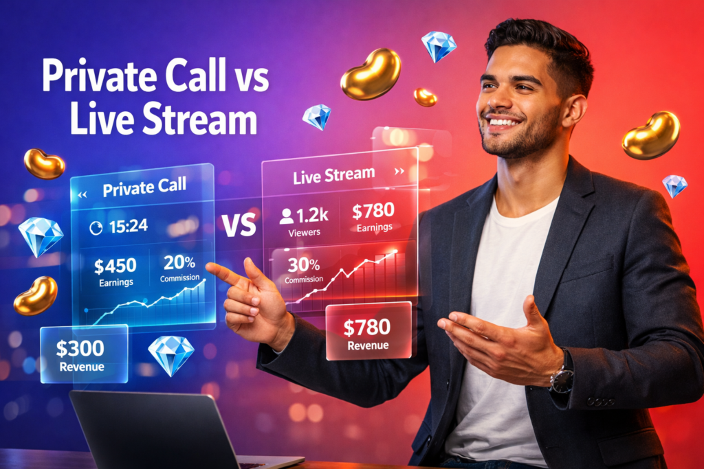 Featured image comparing Chamet private call vs live stream earnings with a confident entrepreneur in a modern workspace, floating revenue dashboards, and golden beans and blue diamonds for chamet agency.
