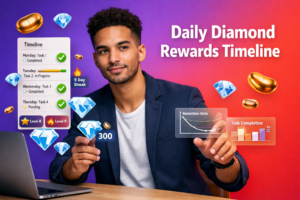 Professional featured image showing an entrepreneur analyzing the Chamet user task timeline with floating daily task checkpoints, engagement levels, and sky-blue diamond reward icons for chamet agency.