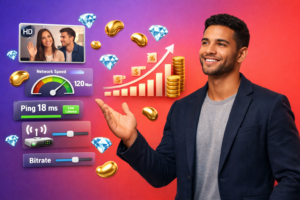Confident entrepreneur in a modern workspace with 3D video call quality UI, gold bean and blue diamond icons, showing tips to improve call clarity and lag for chamet agency earnings.