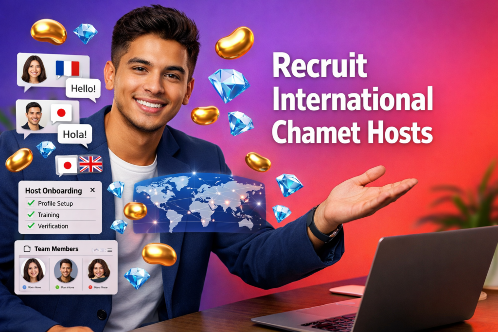 Featured image of a welcoming entrepreneur recruiting international Chamet hosts with multilingual onboarding UI, global profile cards, and floating gold beans and sky-blue diamonds for a chamet agency.