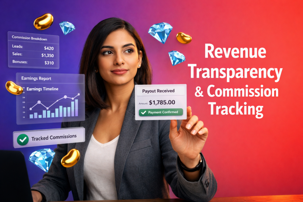 Featured image showing a young entrepreneur reviewing commission tracking dashboards with payout proof UI elements, beans and diamonds icons, illustrating chamet agency revenue transparency.