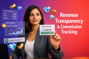 Featured image showing a young entrepreneur reviewing commission tracking dashboards with payout proof UI elements, beans and diamonds icons, illustrating chamet agency revenue transparency.