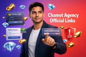 Featured image showing a young entrepreneur verifying secure portal links and registration screens with floating 3D beans and diamonds on a purple-to-red gradient background for chamet agency official links.