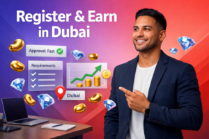 Featured image for chamet agency registration uae guide showing a young entrepreneur in Dubai-themed tech workspace with floating registration checklist UI, approval status, growth dashboard, and 3D golden beans and sky-blue diamonds.