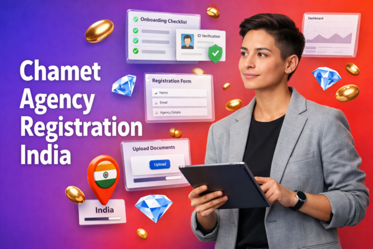 Featured image for a step-by-step guide on chamet agency registration india, showing a young entrepreneur in a modern workspace with floating 3D onboarding UI, golden bean icons, and sky-blue diamond icons on a purple-to-red gradient background.
