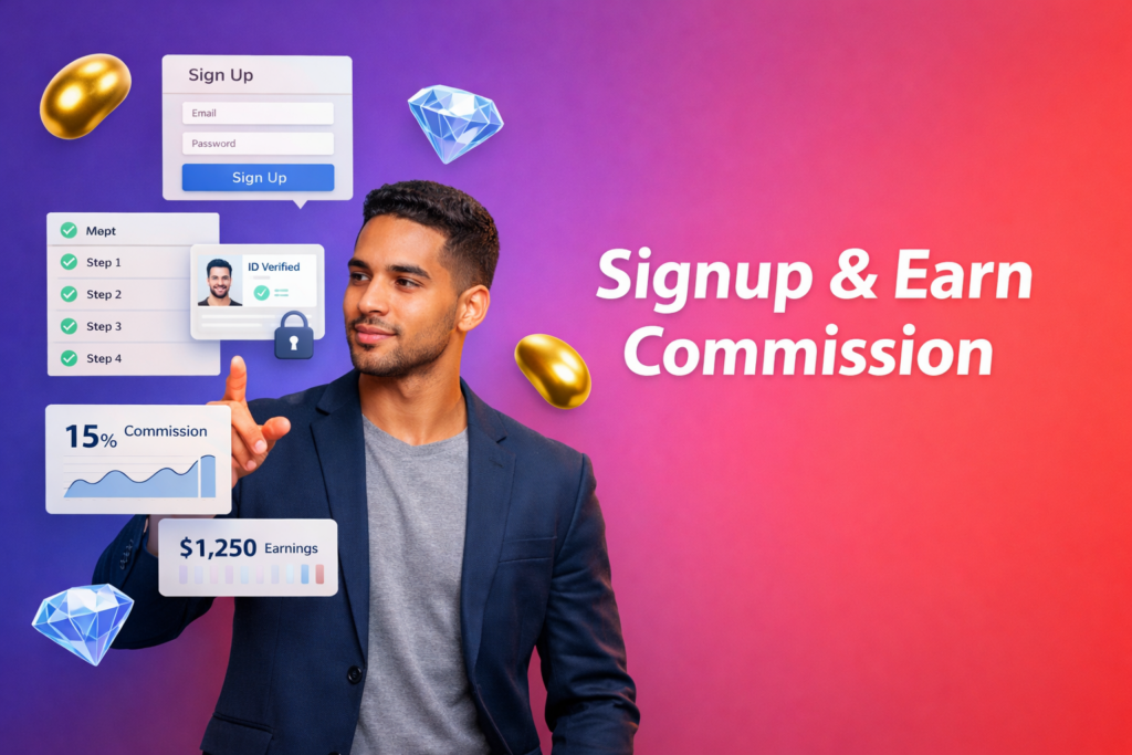 Featured image for chamet agency registration pakistan guide showing a focused young entrepreneur with 3D signup checklist, verification UI, and gold bean and blue diamond icons on a purple-to-red gradient background.