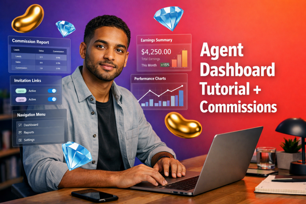 Featured image showing a focused young entrepreneur using dashboard-style 3D UI panels to learn navigation, reports, invitation links, and commission tracking for a chamet agency agent dashboard full tutorial.