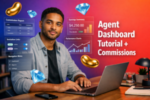 Featured image showing a focused young entrepreneur using dashboard-style 3D UI panels to learn navigation, reports, invitation links, and commission tracking for a chamet agency agent dashboard full tutorial.