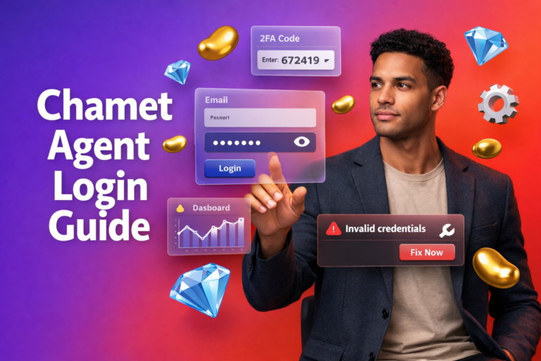 Featured image of a focused entrepreneur using secure login and dashboard UI elements with gold beans and sky-blue diamonds for a chamet agency agent login guide.