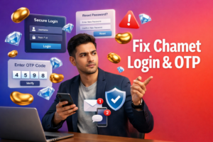 Tech guide featured image showing a focused entrepreneur troubleshooting chamet agency login issues with reset password and OTP UI elements, plus gold bean and sky-blue diamond 3D icons on a purple-to-red gradient background.