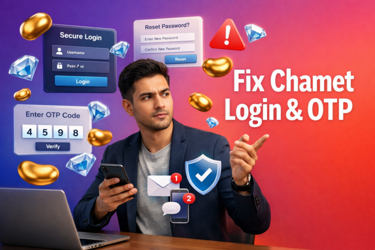 Tech guide featured image showing a focused entrepreneur troubleshooting chamet agency login issues with reset password and OTP UI elements, plus gold bean and sky-blue diamond 3D icons on a purple-to-red gradient background.