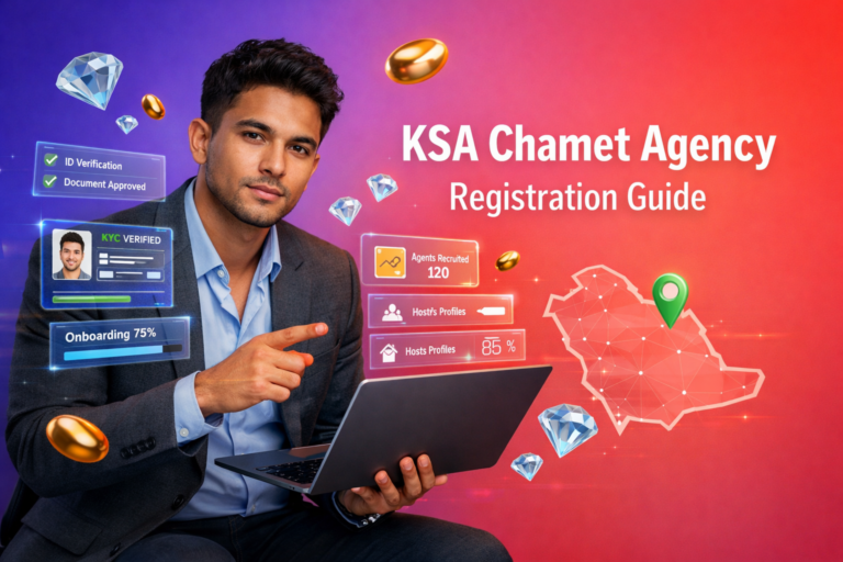 Tech guide featured image for chamet agency registration saudi arabia, showing a professional entrepreneur reviewing KSA onboarding and verification UI with floating beans and diamonds.