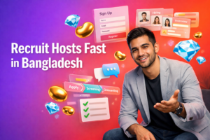 A welcoming young entrepreneur in a modern workspace with 3D recruitment and registration UI elements, golden beans and sky-blue diamonds, illustrating chamet agency registration bangladesh for a chamet agency.